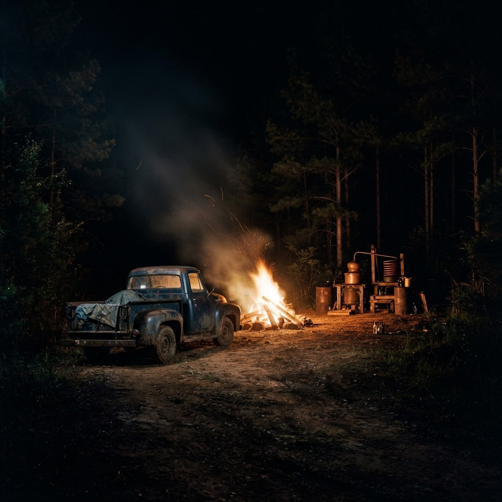 Southern night bonfire and moonshine still hero background
